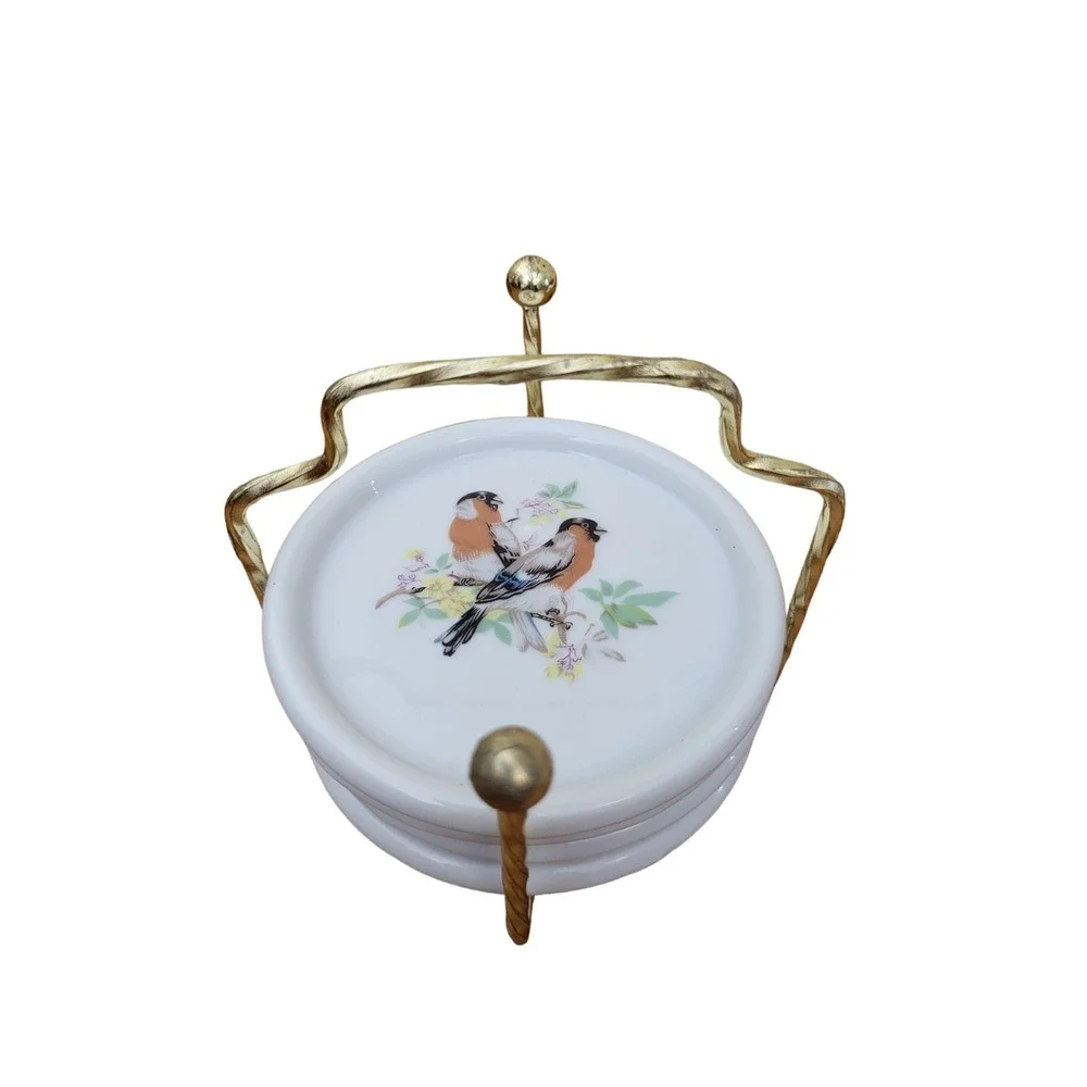 Set‎ of 4 Ceramic Porcelain Drink Coasters Vintage Birds Taiwan Carrying Caddy